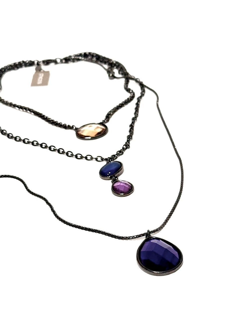 CHICO’s Layered Gunmetal Yellow, Purple & Blue Crystal Necklace NWT​